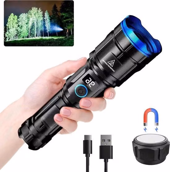Zaklamp Portatile a LED 10.000 lumen - Lampada tattica estremamente luminosa con funzione di ingrandimento - 7 modalità - IPX6 impermeabile all'acqua - Magnetico - Ideale per campeggiare, escursioni, outdoor, pesca, emergenze