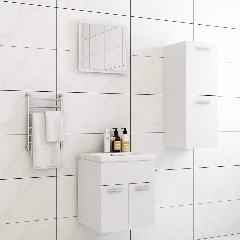 Set di mobili da bagno moderni vidaXL in bianco opaco composto da mobile lavabo, armadio alto e pensile con specchio in MDF
