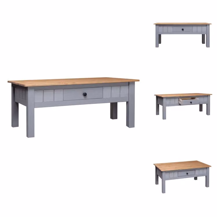 vidaXL Tavolino grigio 100x60x45 cm in legno massiccio di pino Panama - Tavolini da caffè