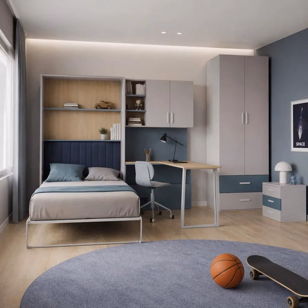 Cameretta Completa Arreditaly con Letto a Scomparsa, Scrivania, Armadio e Cassettiera in Melaminico, Colore Cashmere e Blu, L: 133 cm, P: 208.5 cm, H: 45-216 cm – 2