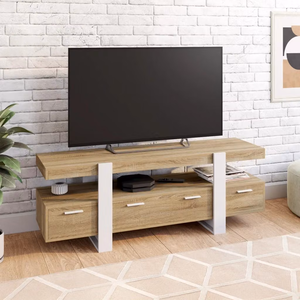 IDMarket Porta TV PHOENIX moderno con cassetti in legno e finitura bianco e beige L: 140 cm, P: 40 cm, H: 50 cm – 2