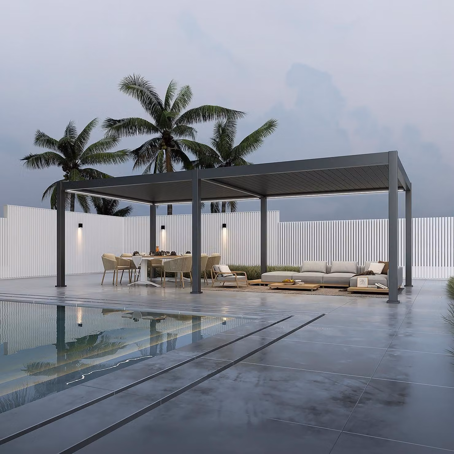Pergola elettrica Weide E-Deluxe Plus interamente in alluminio, 4x8 m, con tetto a lamelle color antracite