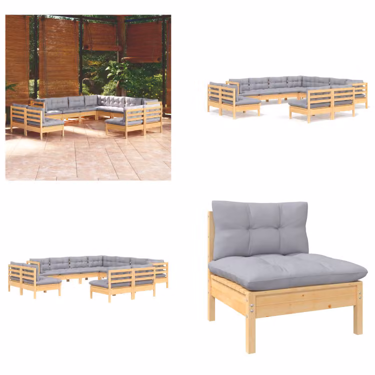 vidaXL set salotto da giardino 11 pezzi con cuscini grigi in pino massiccio - Set salotto da giardino - Set salotto da giardino - Set mobili da giardino - Set mobili da giardino