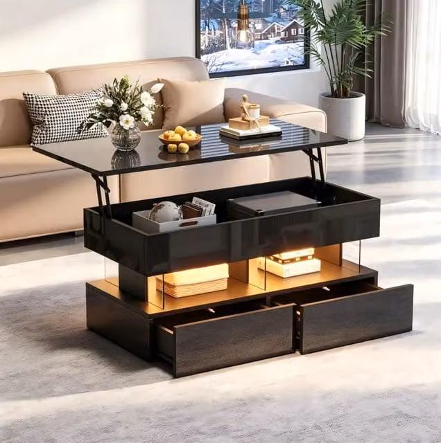 Tavolino da salotto ULEVR 100x50x46 cm con piano sollevabile idraulico, 2 cassetti, vano nascosto e LED