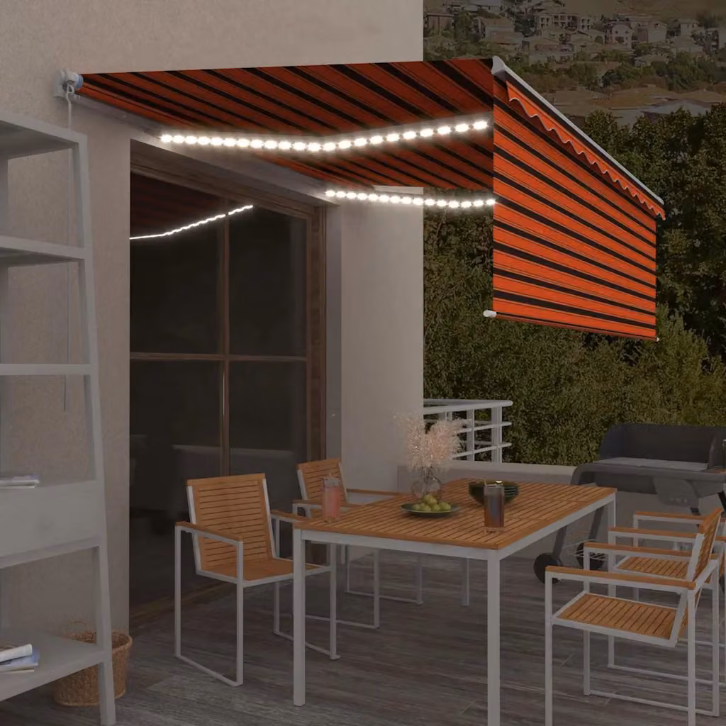 Tenda Sole Retrattile Manuale vidaXL con LED in Poliestere e Alluminio, Arancione e Marrone, L: 450 cm, P: 120 cm