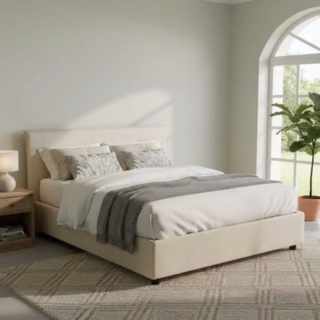Letto Matrimoniale Arcan Talamo Italia con Contenitore a Alzata, Rivestimento in Tessuto Beige, L/P: 160 x 200 cm