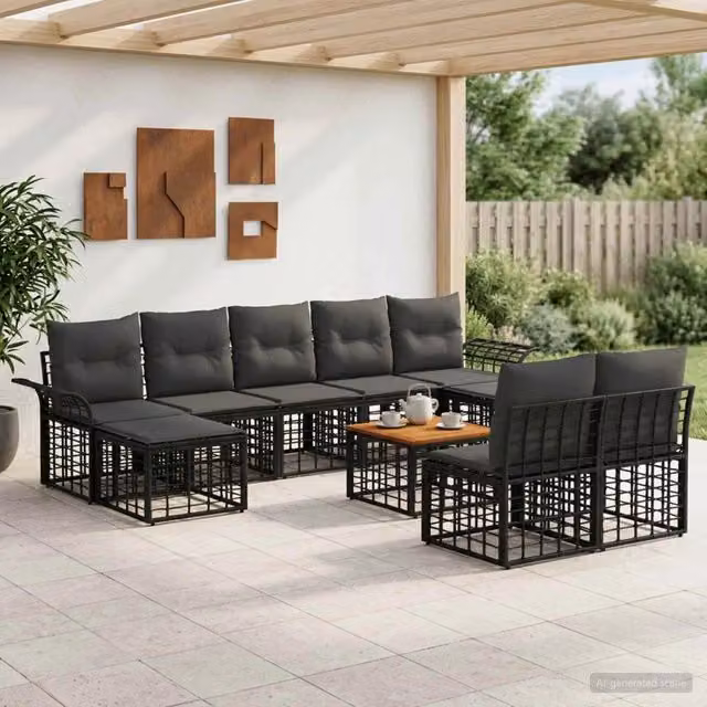 Set di divani da esterno 10 pz Nero e Grigio scuro Poliestere 3437767