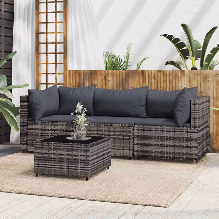 Set da giardino moderno vidaXL composto da divano a 3 posti, elemento angolare, tavolino da esterno e cuscini in antracite con struttura in metallo e rattan