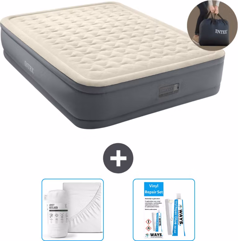 Intex Airbed - 2 persone - 152 x 203 x 46 cm - Grigio - Incluso pompa - lenzuolo e kit di riparazione