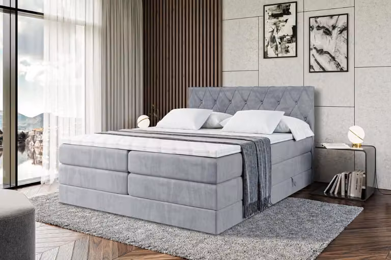 Letto boxspring ALTDECOR con materasso e rete a doghe - AMAY -BZ KING - 200x200 cm - Grigio velluto - Topper, letto imbottito con contenitore, letto con vano portaoggetti H3 e H4 - Materasso, letto matrimoniale, letto boxspring