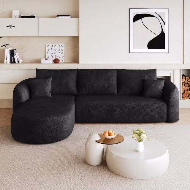 Divano angolare fisso 3 posti 266x168 cm; divano senza montaggio con chaise longue sinistra; schiuma; tessuto in ciniglia nero
