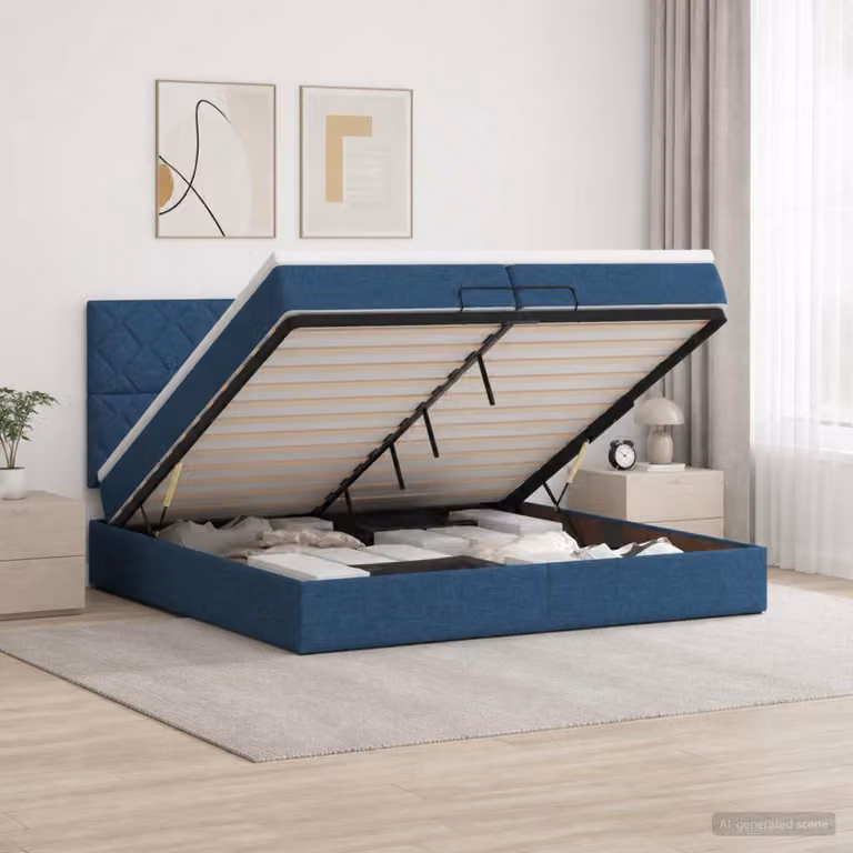 Letto ottomano con materasso vidaXL in tessuto blu e bianco, base a sollevamento, L 200 x P 200 cm