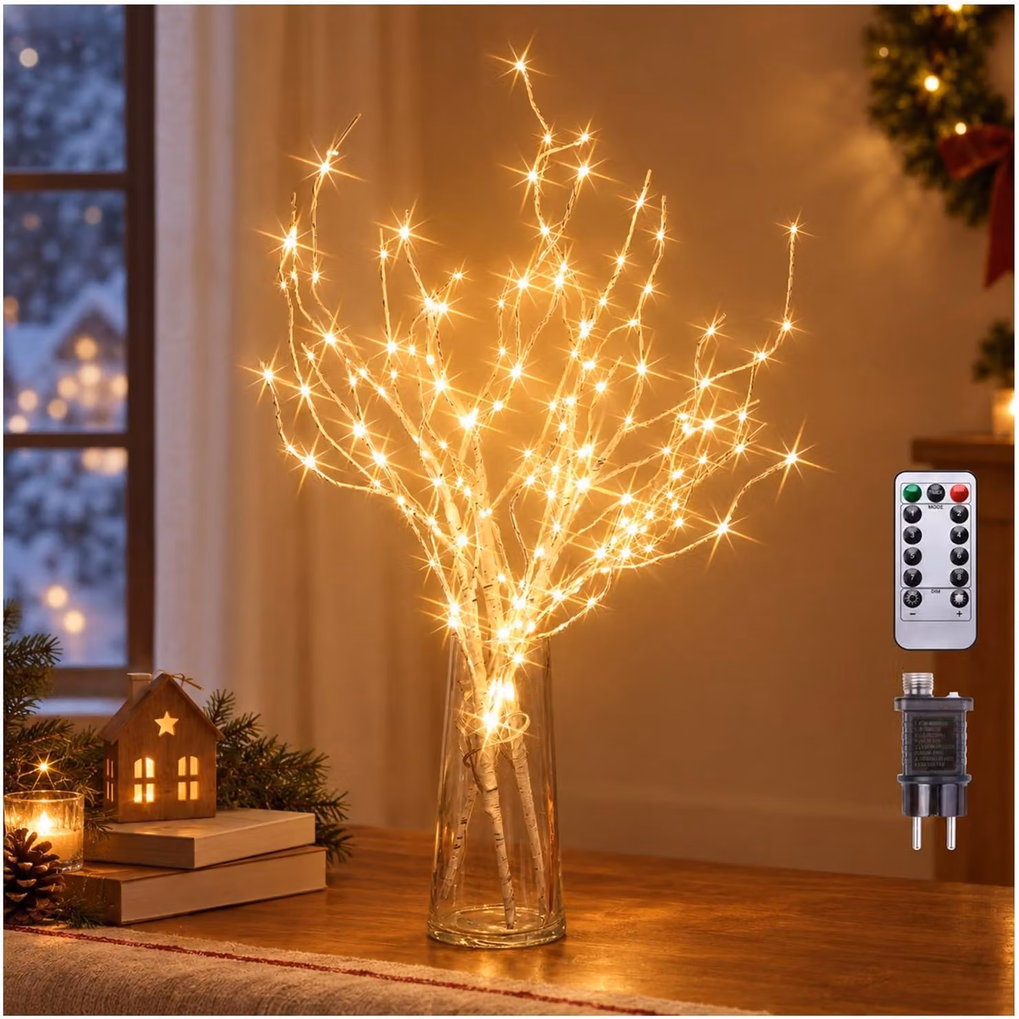 Set di 3 alberi luminosi a LED, 144 LED, 8 modalità, luce bianco caldo, motivo a rami di betulla