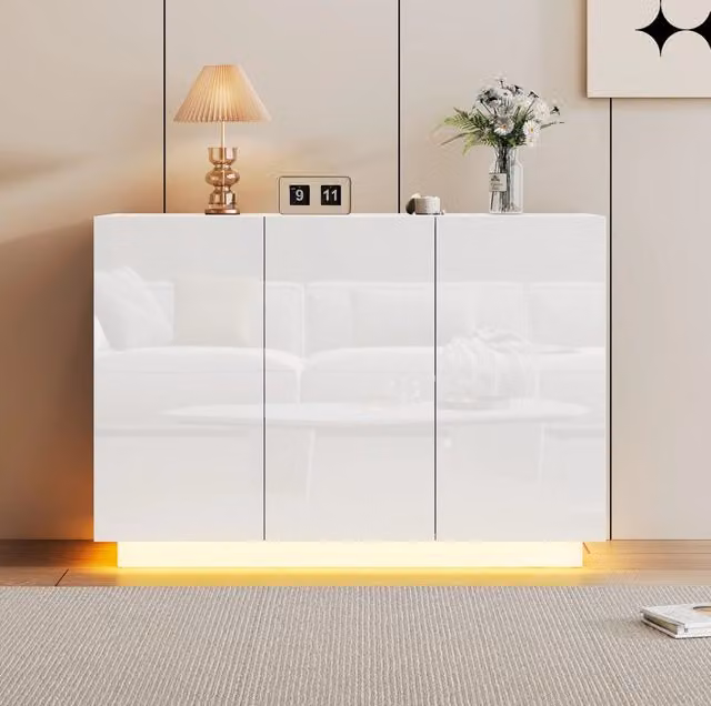 Credenza ULEVR 120x40x75 cm a 3 ante lucide con ripiani regolabili e LED, bianca