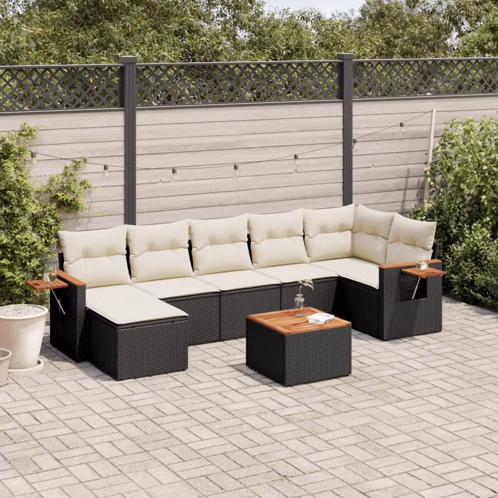 vidaXL Set Divani da Giardino a L con Cuscini 8 pz in Polyrattan Nero e Bianco – 1
