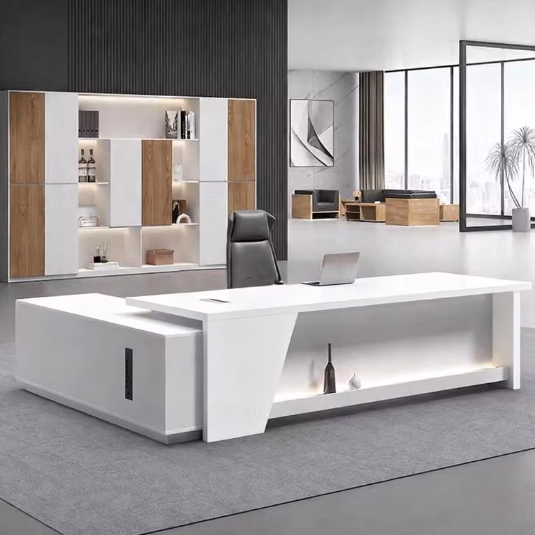 Scrivania a forma di L con spazio contenitivo, dimensioni 150x60x75 cm, colore nero e bianco