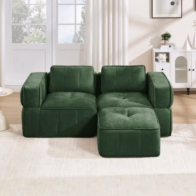 Divano angolare 2 posti con poggiapiedi ¨C Minimal ¨C tessuto verde, morbido, gambe assenti
