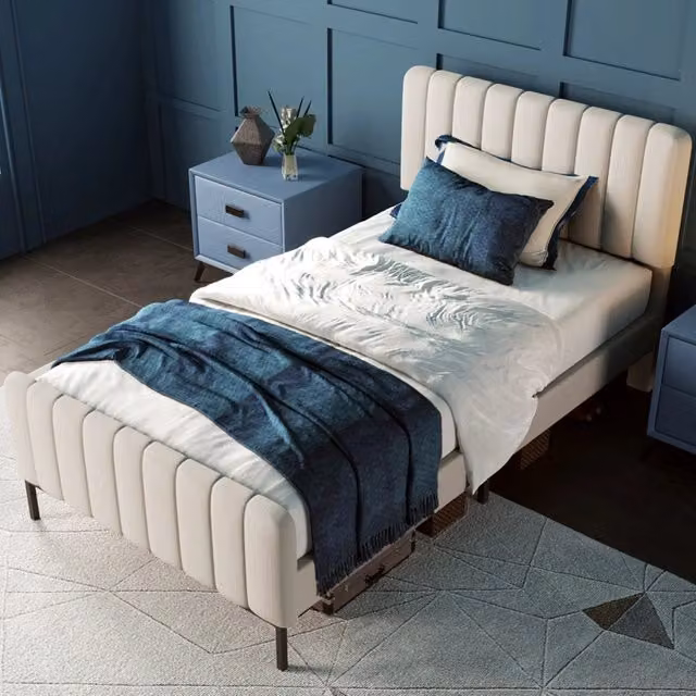 Letto imbottito moderno con testiera regolabile e rete in legno di pino, disponibile in beige o grigio, dimensioni 90x200 cm – 1