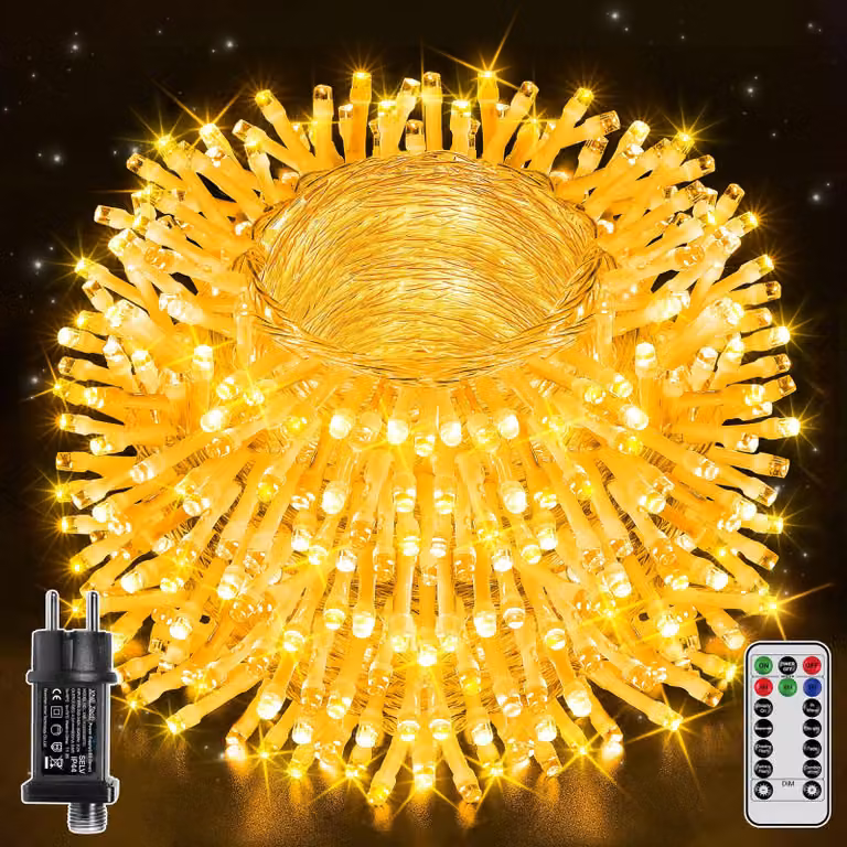 Catena luminosa da 100 metri, con 1000 LED, luce bianco caldo, grado di protezione IP44, con telecomando