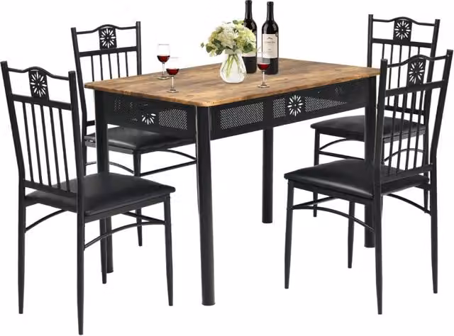 Set tavolo e sedie imbottite da cucina 5 pezzi, Tavolo rettangolare 107 cm con sedie per 4 persone Nero-Tavoli e sedie da pranzo