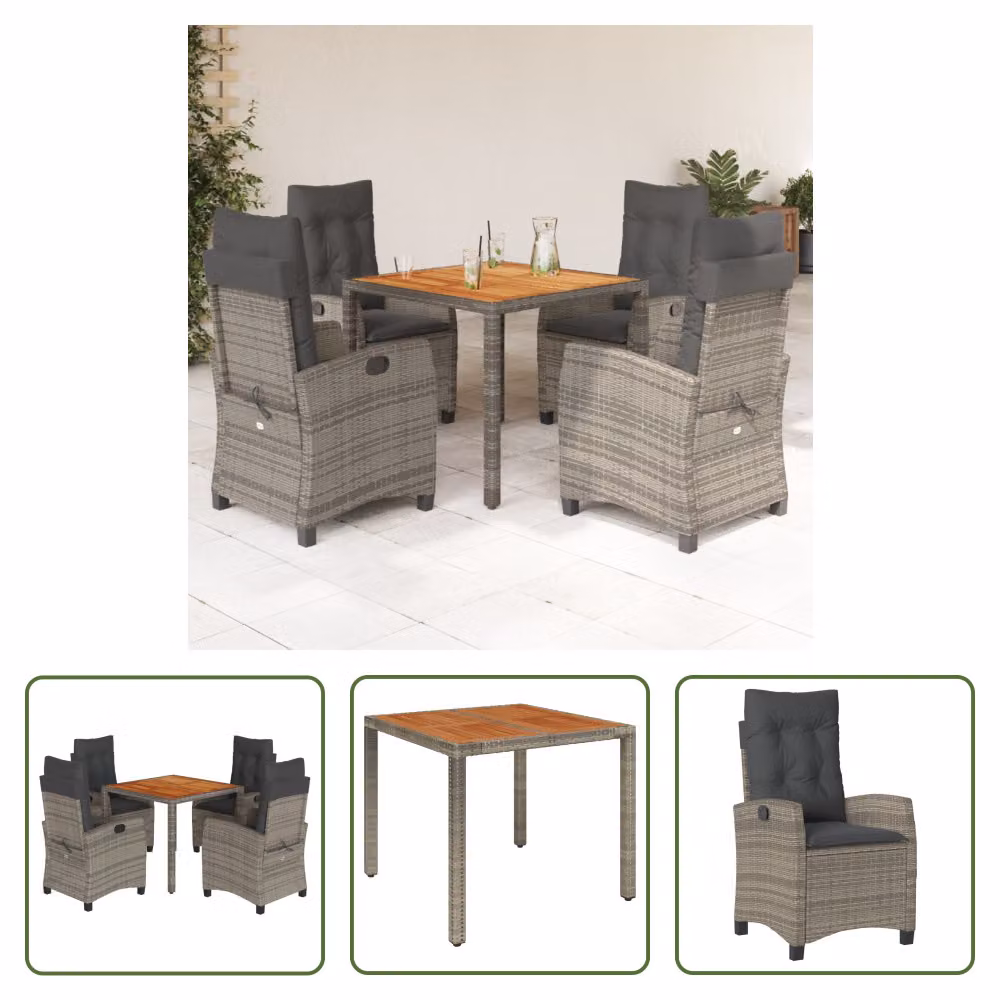 The Living Store Set da pranzo da giardino 5 pezzi con cuscini in poly rattan grigio