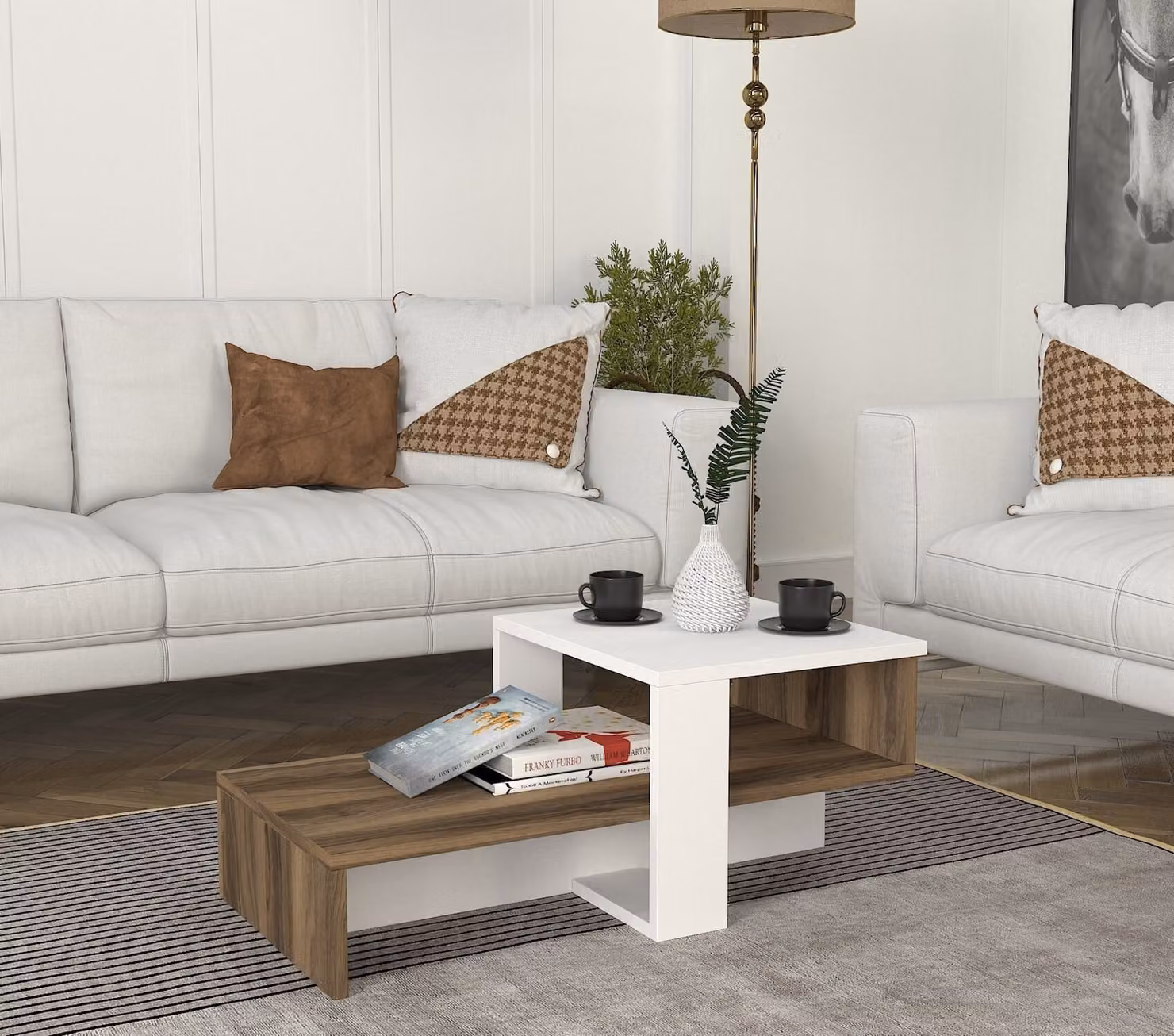 Skye Decor, Chain- Chain WAT, bianco, colore noce, tavolini, 16,3x80x43,6 cm, 100% pannello di particelle rivestito in melamina