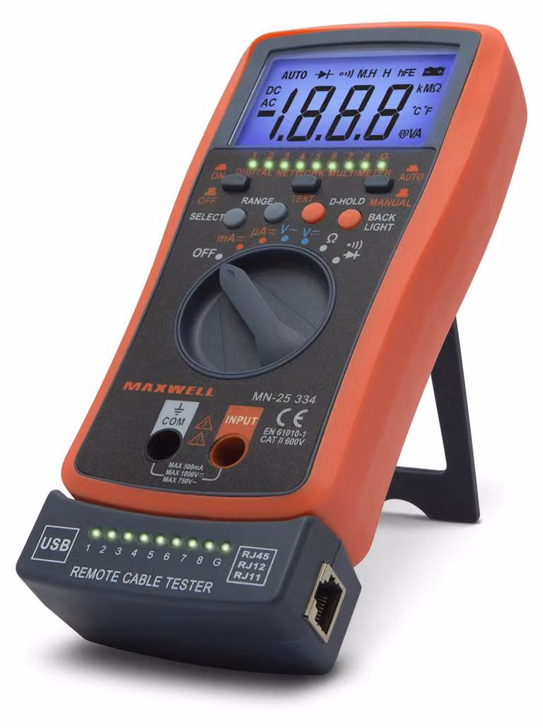 Multimetro digitale con selezione automatica della gamma e tester per cavi - RJ11, RJ12, RJ45, USB - Unità di misura rimovibile [25334]
