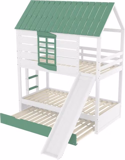 Letto a castello a forma di casa 90x200 cm con scivolo e letto estraibile, bianco e verde