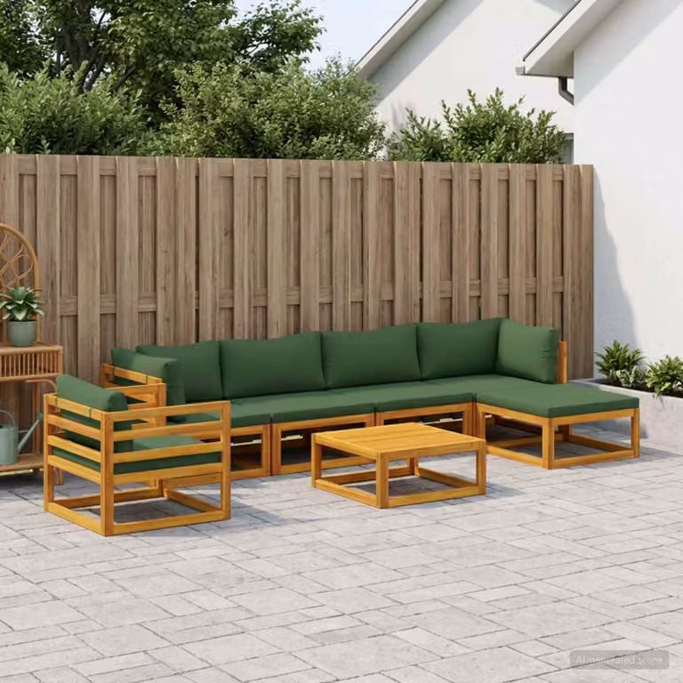 Set di divani da giardino vidaXL in legno di acacia massello con 7 pezzi, colore marrone e verde, con elementi angolari, tavolino e pouf inclusi
