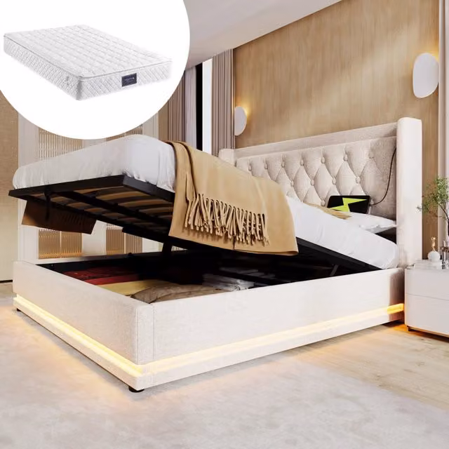 Letto matrimoniale – 140x200 cm – USBC LED 3 lati con materasso – cotone beige