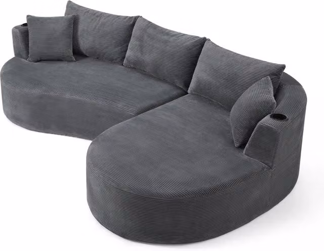 Divano 3 posti con chaise longue destra, tessuto a coste grigio, design curvo con portabicchieri e cuscini