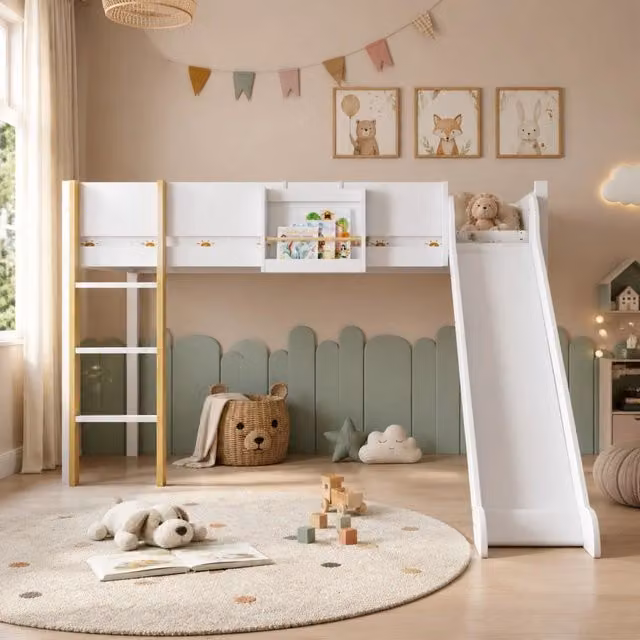 Desviae Letto a soppalco per bambini 1 posto con scivolo e scaffale rimovibile 90 × 200 cm, senza materasso
