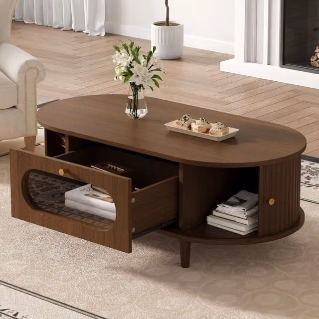 Tavolino da soggiorno 100 x 50 x 36 cm in MDF color noce con cassetto e ante avvolgibili