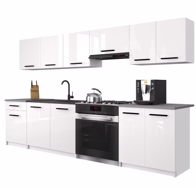 Belini - Angolo cottura moderno ITALIA 2 - Mobili da cucina 240 cm bianco lucido - Cucina componibile con pensili, mobili base e piani di lavoro