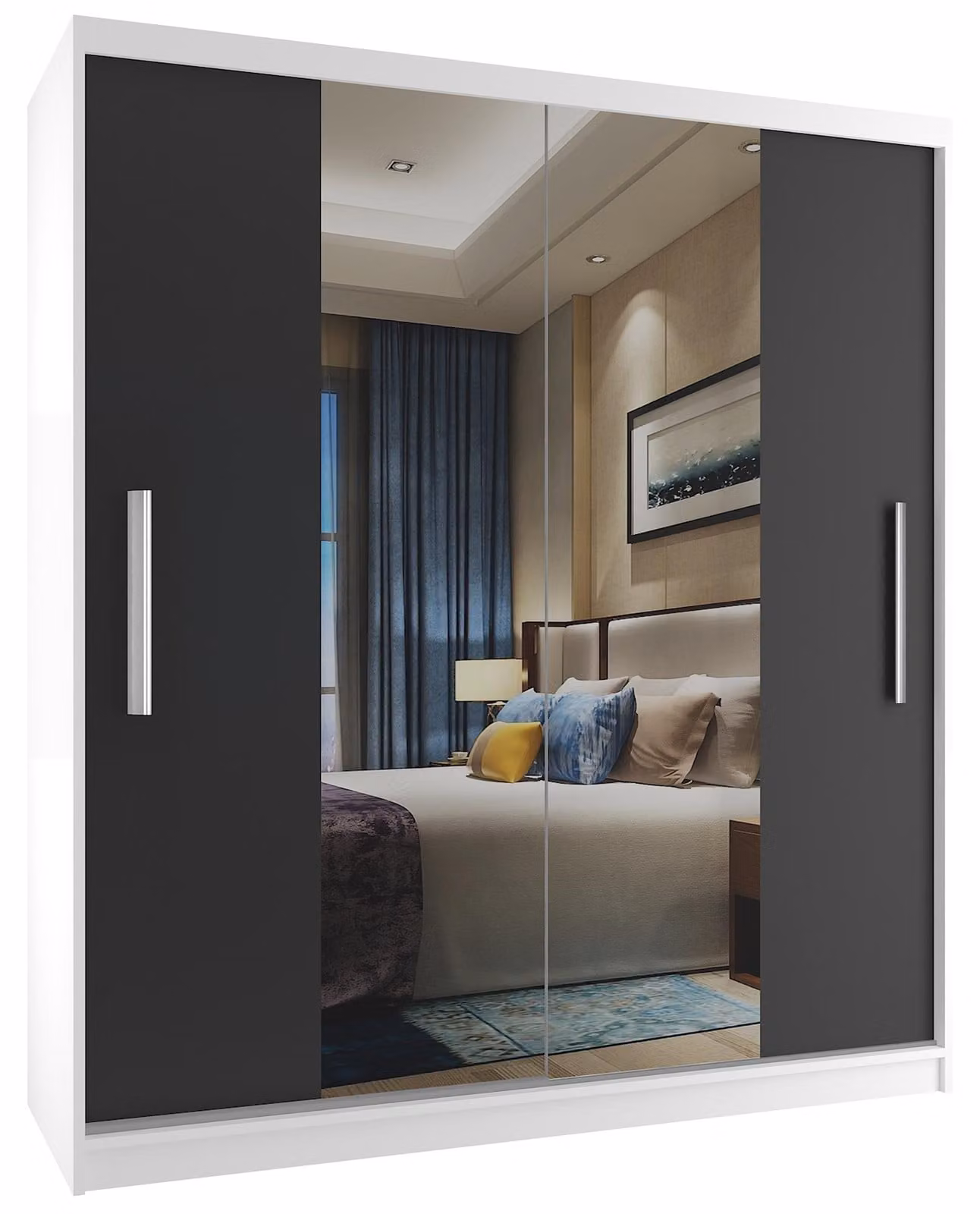 BELINI Verona, armadio scorrevole da 133 cm, bianco/nero opaco - armadio con specchio e asta appendiabiti, ideale per la camera da letto
