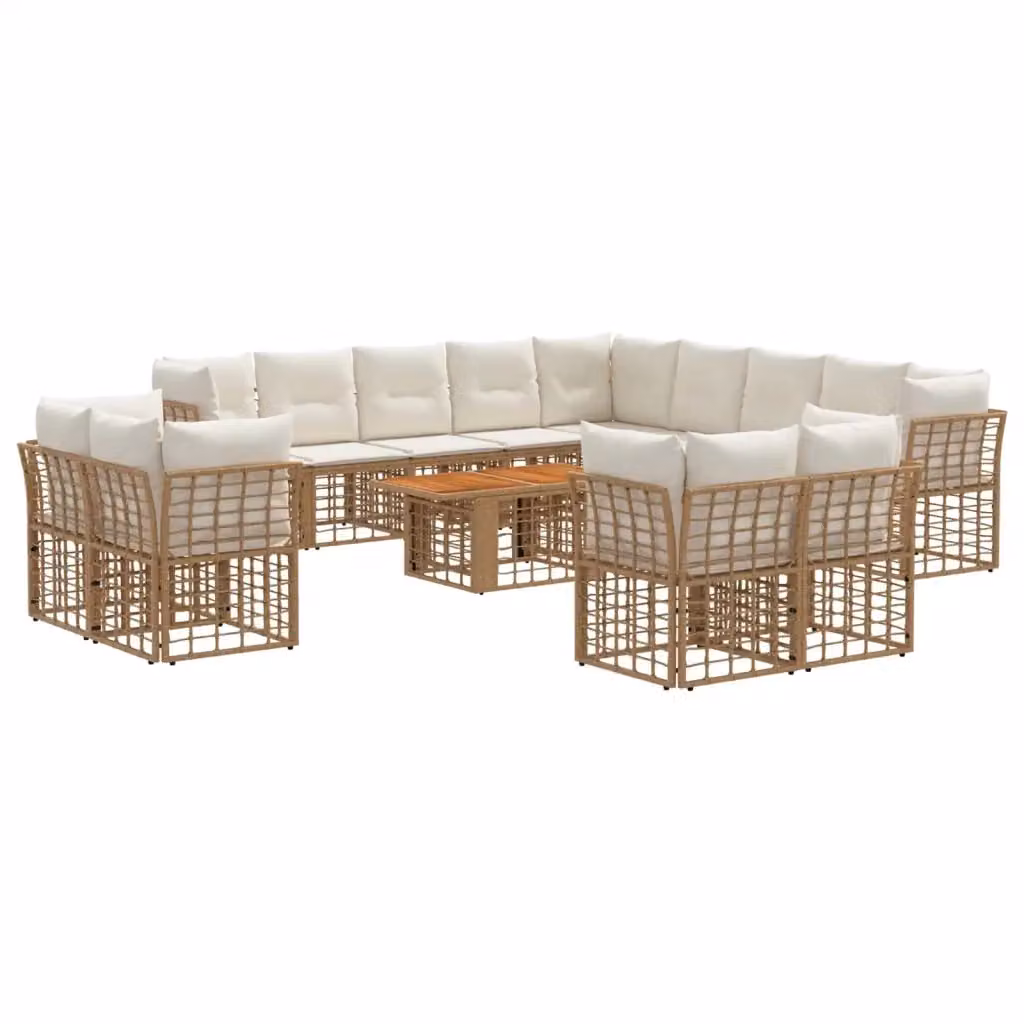 Set Divano da Giardino a L con Polyrattan e Legno di Acacia vidaXL, 14 Pezzi, Colore Naturale e Bianco Crema con Cuscini Inclusi – 2