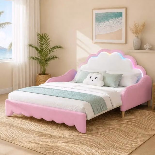 Divano letto Mivray rosa con testiera LED controllabile tramite app, rivestimento in ecopelle e struttura in MDF, L/P/H: 220 x 140 x 103,5 cm