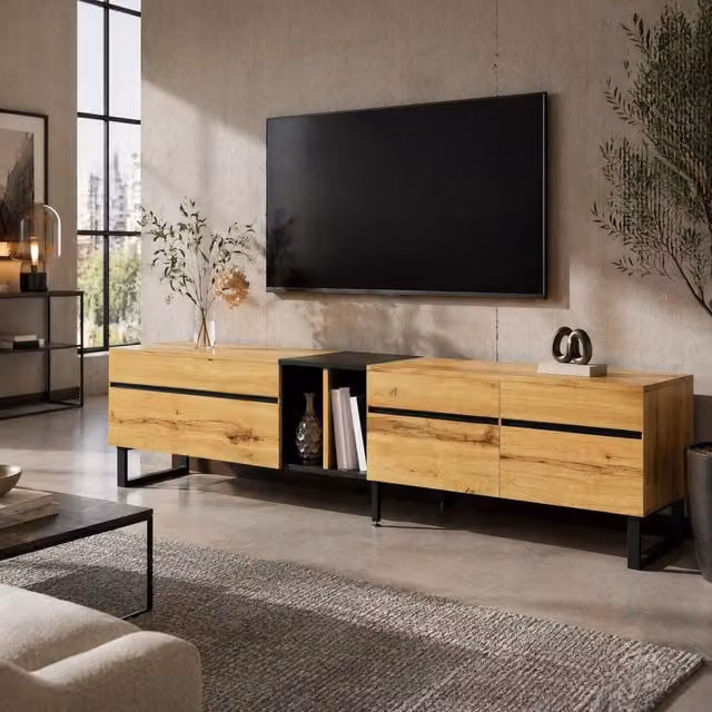 Mobile TV moderno 180 cm con scomparto a ribalta, vani aperti e ante doppie – Mobile minimalista per soggiorno in pannelli di legno