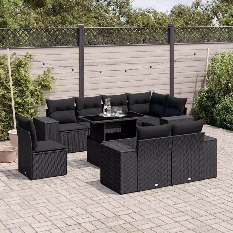vidaXL Set Divani da Giardino 9 pz con Cuscini Nero in Polyrattan e Metallo