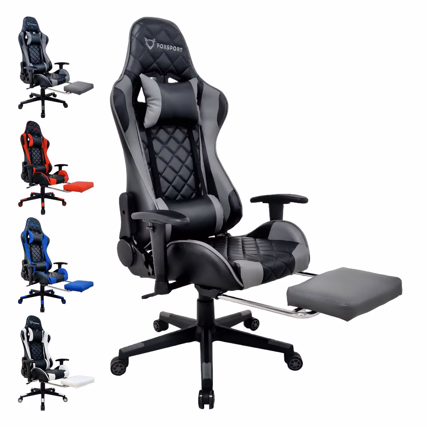 Sedia da gioco FOXSPORT Sedia da ufficio ergonomica dal design racing fino a 150 kg, con poggiapiedi retrattile, poggiatesta regolabile e supporto lombare - grigio