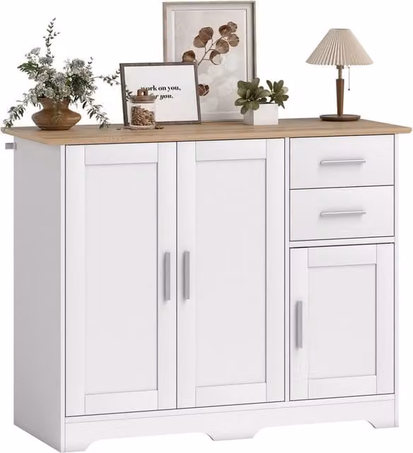 Cassettiera con ante e ripiani bianco e legno naturale L 100 cm, P 40 cm, H 78 cm