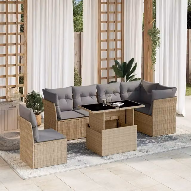 Set Divani da Giardino 7 pz con Cuscini Beige in Polyrattan 3266619