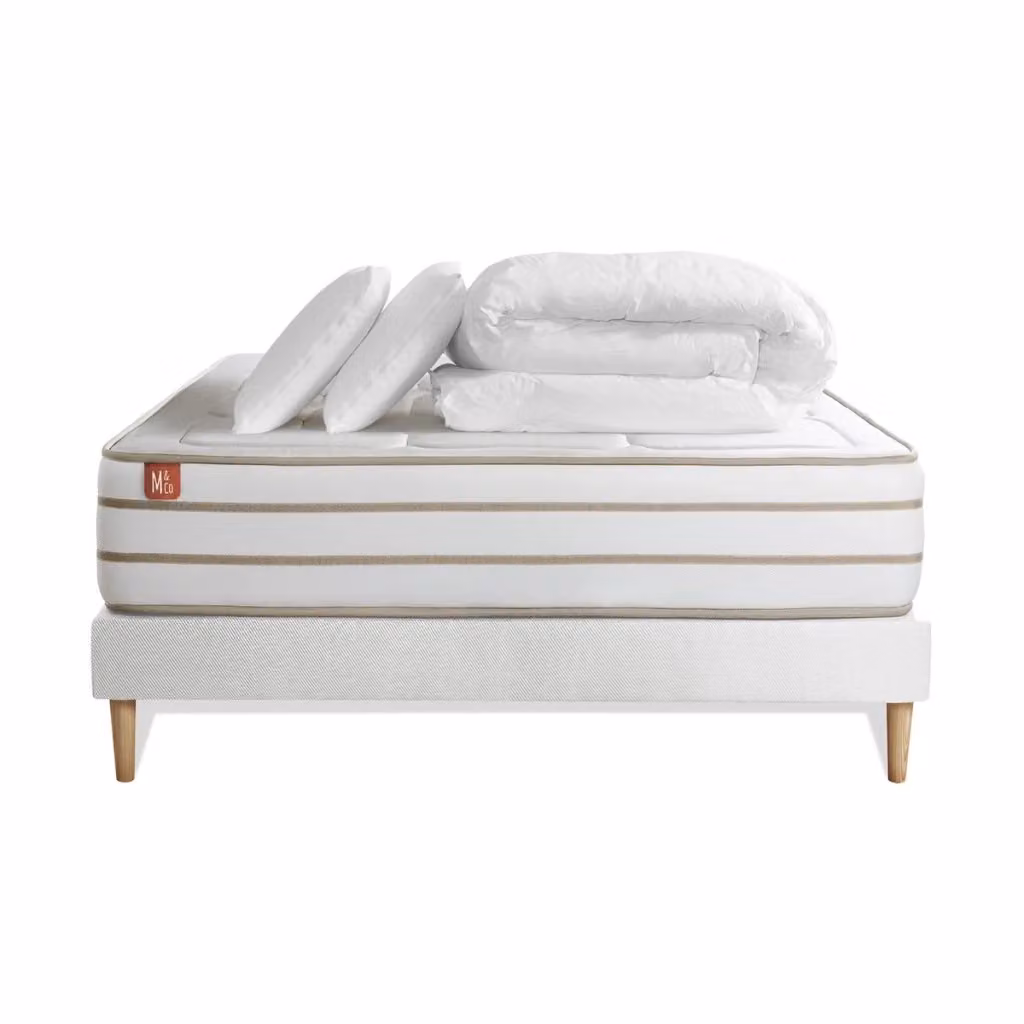 Set letto completo Marmottes&Co con materasso in foam e bamboo, box spring imbottito e 2 cuscini, colore bianco, L/P/H: 200 x 200 cm – 2