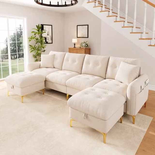 Divano modulare 263x137x85 cm con 2 pouf contenitore in ciniglia beige