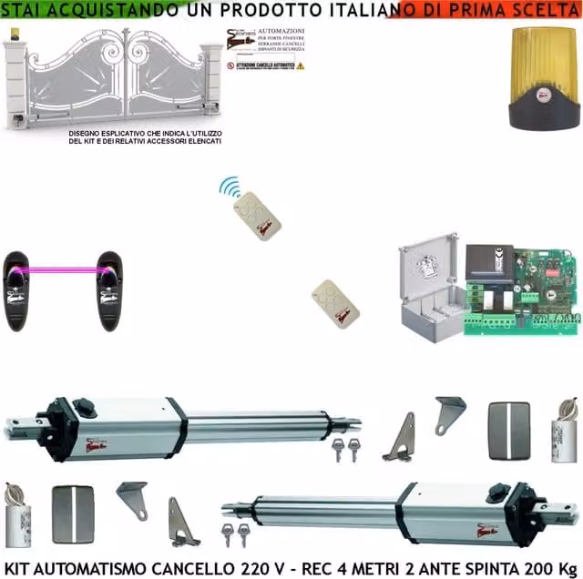 Apricancello Stelo Retrattile 2 Motori Lineari 230 V Corsa 300 MM Autobloccanti Due Radiocomandi Fotocellule Faro Kit Per Cancello 4 Metri 2 Ante Chiave Sblocco Emergenza Centrale Cartello Monitore