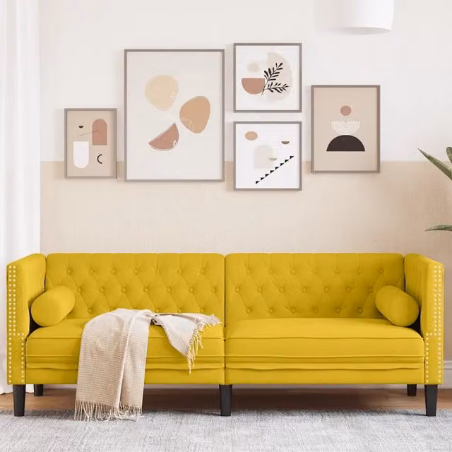 Divano Chesterfield con Rinforzi 3 Posti-Sofa 3 Posti-Divanetto Giallo in Velluto