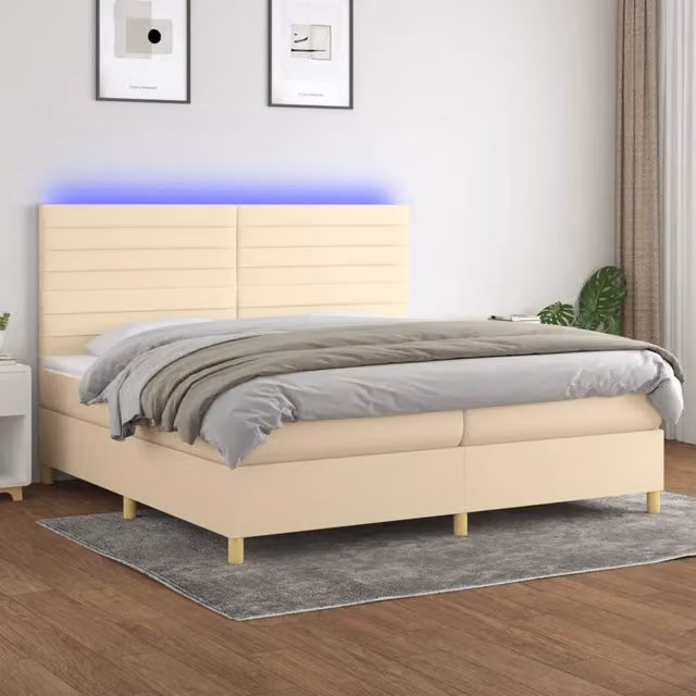 Letto a molle con illuminazione LED e porta USB vidaXL in tessuto bianco e beige L: 200 cm, P: 200 cm, H: 128 cm