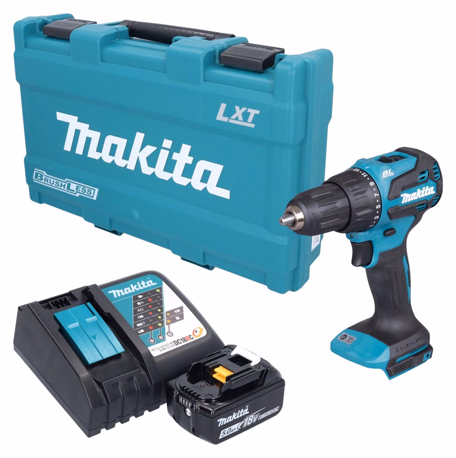 Trapano avvitatore a percussione a batteria Makita DHP 490 RT1K 18 V 65 Nm brushless + 1 batteria da 5,0 Ah + caricabatterie + valigetta