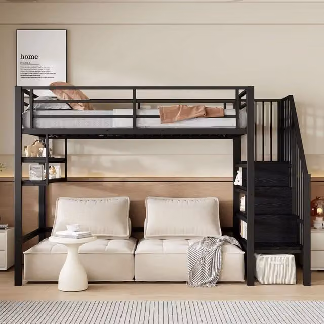 Letto a soppalco 90x200 cm con scala contenitore e ripiani; in metallo e MDF nero per cameretta