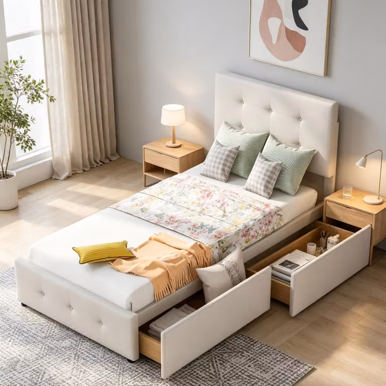 Letto imbottito INONEFT, 90x200 cm, singolo, con rete a doghe, adatto come letto per bambini o ragazzi, con testiera e due cassetti, letto contenitore, letto per ospiti, rivestito in velluto, color beige